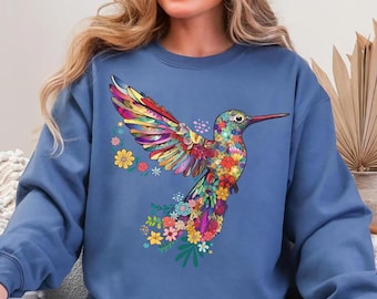 Floral Hummingbird Sweatshirt, Animal Lover Tee, Bird Sweatshirt, Trendy Tee, Gift For Her, Bird Lover T-Shirt, Spring Birds, Flower Shirt