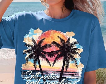 Comfort Colors® Salt Water and Sunshine T-shirt,Salty Mom,Trendy Summer Shirts,Beach Tee,Retro Beach Girl Shirt,Palm Tree Shirt,Sunset Shirt