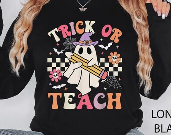 Teacher Halloween Sweatshirt, Halloween Teacher Shirt, Trick or Teach Shirt, Spooky Teacher T-shirt, Retro Ghost Teacher Shirt, Fall Teacher