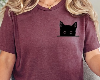 Black Cat Shirt, Cat Shirt, Cute Kitty Tee, Kitten T-shirt, Gift for Cats Lover, Cat Mom Shirts, Cat Shirt Women, Cat Shirt,Cat Pocket Shirt