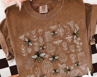 Comfort Colors® Vintage Bee Botanical T-Shirt, Honeycomb Doodle Shirt, Unique Honey Bees Shirt, Bee Lovers Tee, Bumblebees Shirt, Bee Shirt