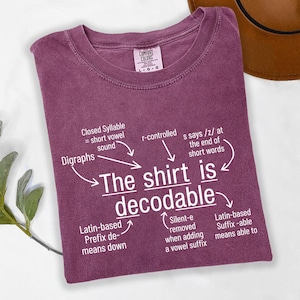 May include: A plum-colored crew neck t-shirt with white text that reads The shirt is decodable, surrounded by arrows pointing to linguistic notes including Closed Syllable, r-controlled, Digraphs, and Latin-based prefixes and suffixes.