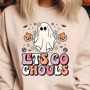 Retro Fall Ghost Sweatshirt, Halloween Graphic Tees for Women, Vintage Halloween Crewneck Shirt, Kids Halloween , Cute Let&#39;s Go Ghouls Shirt
