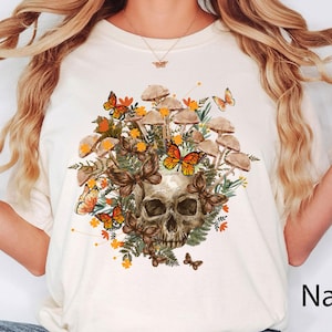 Bloom Skull Shirt, Mushroom Shirt, Halloween Shirt, Mushroom And Skull, Floral Skull Shirt, Womens Fall Shirts, Flower Skull Skeleton Shirt