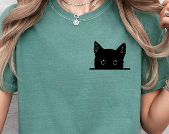 Comfort Colors ®Black Cat Shirt, Cat Shirt, Cute Kitty Tee, Kitten Shirt, Gift for Cats Lover, Cat Mom Shirt, Cat Shirt Women,Cat Pocket Tee