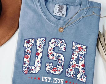 Comfort Colors Floral USA Shirt, American Girl Shirt, USA Est 1776 Shirt, Girly 4th of July Shirt, Patriotic Women Shirt, Flower USA Shirt