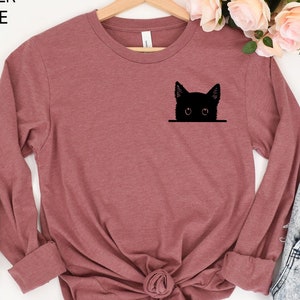 Black Cat Sweatshirt, Cat Shirt, Cute Kitty Tee, Kitten T-shirt, Gift for Cats Lover, Cat Mom Shirts, Cat Shirt Women, Cat Pocket Shirt, Cat image 2