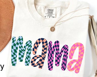 Comfort Colors® Mama Shirt, Retro Mama Shirt, Checkered Mama Shirt, Mama Tee, Checkered Mother Shirt, Mother’s Day Shirt, Mama to be Shirt,