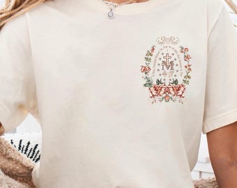 Comfort Colors® Marian Catholic T-Shirt, Virgin Mary T-shirt, Catholic Gifts For Women, Marian Cross Shirt, Floral Women Religious Shirts