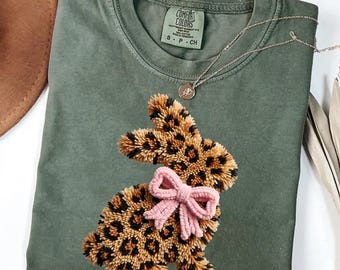 Comfort Colors®Leopard Bunny Faux Knit Shirt, Kids Easter Shirt, Woman Easter Shirt, Easter Day Shirt,Easter Shirt, Funny Easter,Easter Girl