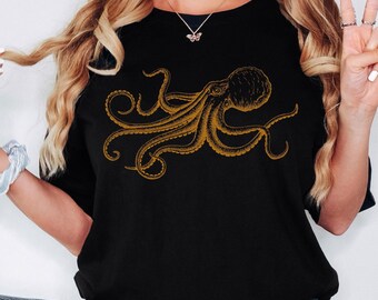 Octopus Japanese Calligraphy Shirt,  Gyotaku Traditional Art Japan Anime Manga Gold Print Yoga Martial Arts Samurai Mens Womens Printed Tee