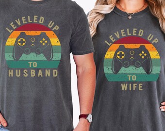 Comfort Colors® Leveled Up To Husband & Wife Shirt, Couples Gamer Shirt,Gift For Husband, Gift For Wife, Just Married Shirts, Newlywed Shirt
