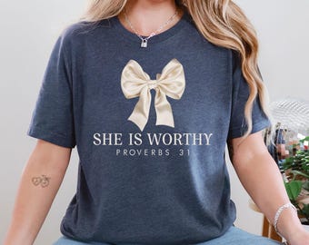 She is Worthy Bow Shirt, Women's Christian Shirts, Cute Christian Coquette Tshirt, Girly Faith Shirt Ideas, Trendy Christian Shirt Ideas Tee