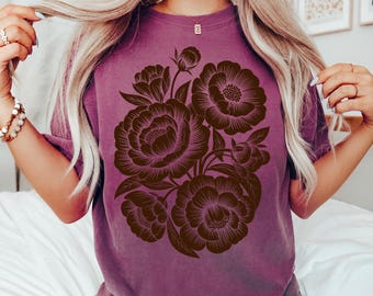 Comfort Colors® Vintage Linocut Flower Shirt, Peonies & Ranunculus Tee, Retro Block Print Peonies Shirt ,Cottagecore Boho Botanical Floral