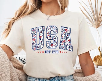 Floral USA Shirt, American Girl Shirt, USA Est 1776 Shirt, Girly 4th of July Shirt, Patriotic Women Shirt, Flower USA Shirt, 4th Of July