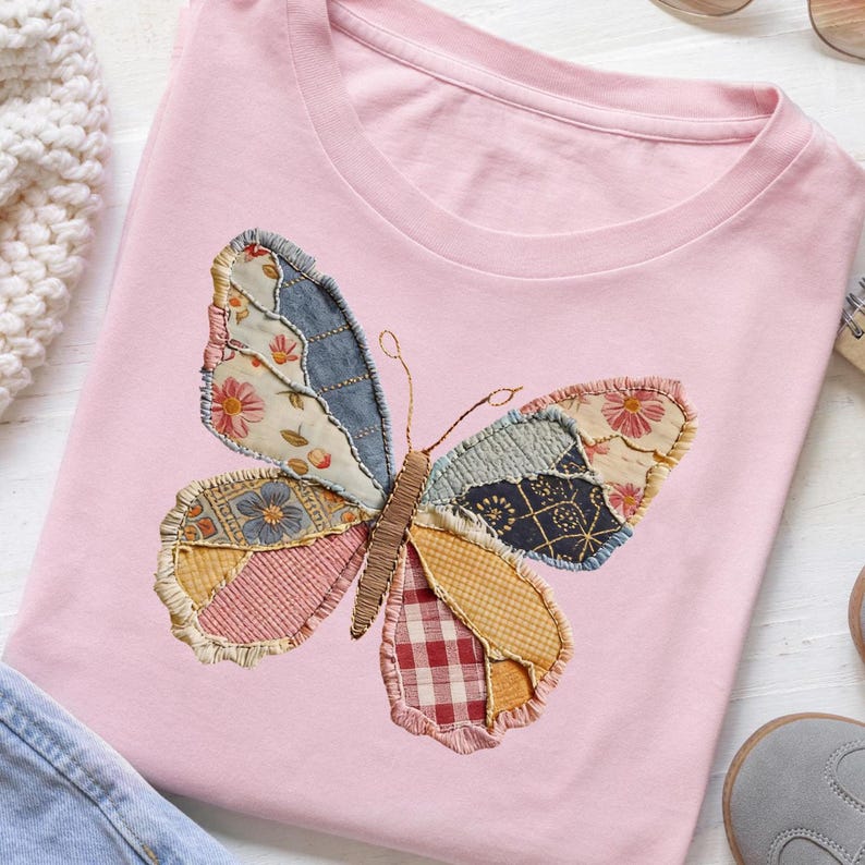 May include: A light pink t-shirt featuring a patchwork butterfly design. The butterfly's wings are made of various patterned fabrics in shades of blue, pink, yellow, and red. The shirt has a crew neck and short sleeves, perfect for casual wear.