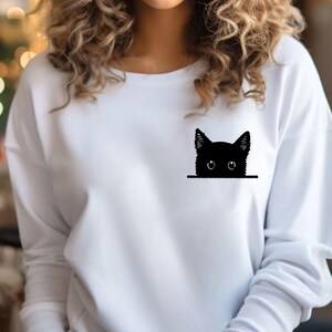 Black Cat Sweatshirt, Cat Shirt, Cute Kitty Tee, Kitten T-shirt, Gift for Cats Lover, Cat Mom Shirts, Cat Shirt Women, Cat Pocket Shirt, Cat image 3