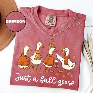 Puede incluir: Camiseta de color carmes&iacute; con una ilustraci&oacute;n de cuatro gansos vestidos con atuendos oto&ntilde;ales. Los gansos llevan su&eacute;teres, bufandas y sombreros, con el texto "Just a fall goose". Un collar plateado est&aacute; drapeado sobre la camiseta.