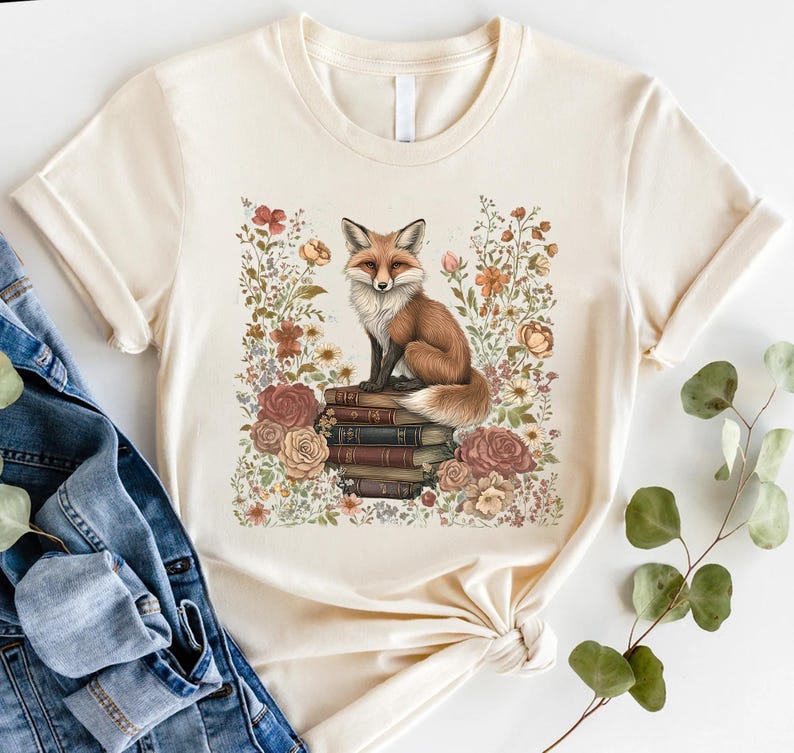 Fox and Book Sweatshirt, Cute Flower Fox Sweatshirt, Vintage Floral Cottagecore Shirt, Fairycore Tee, Forestcore Tshirt, Botanical Fox Shirt Bild 9
