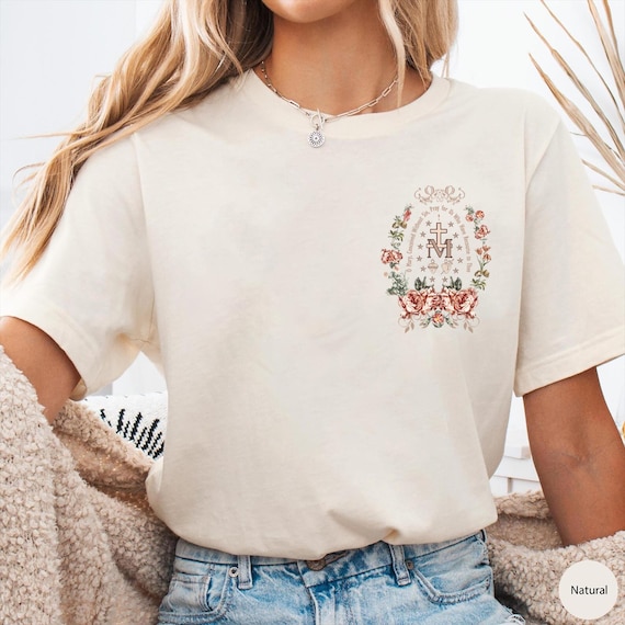 Comfort Colors® Marian Catholic T-Shirt, Virgin Mary T-shirt, Catholic Gifts For Women, Marian Cross Shirt, Floral Women Religious Shirts