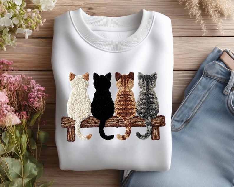 May include: White sweatshirt with an embroidered design of four cats on a wooden bench. The cats are cream, black, brown, and grey. The sweatshirt is made of a soft material, perfect for casual wear.