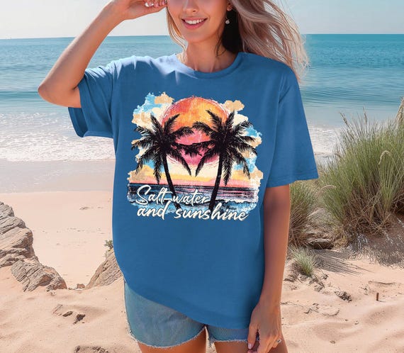 Comfort Colors® Salt Water and Sunshine T-shirt,Salty Mom,Trendy Summer Shirts,Beach Tee,Retro Beach Girl Shirt,Palm Tree Shirt,Sunset Shirt