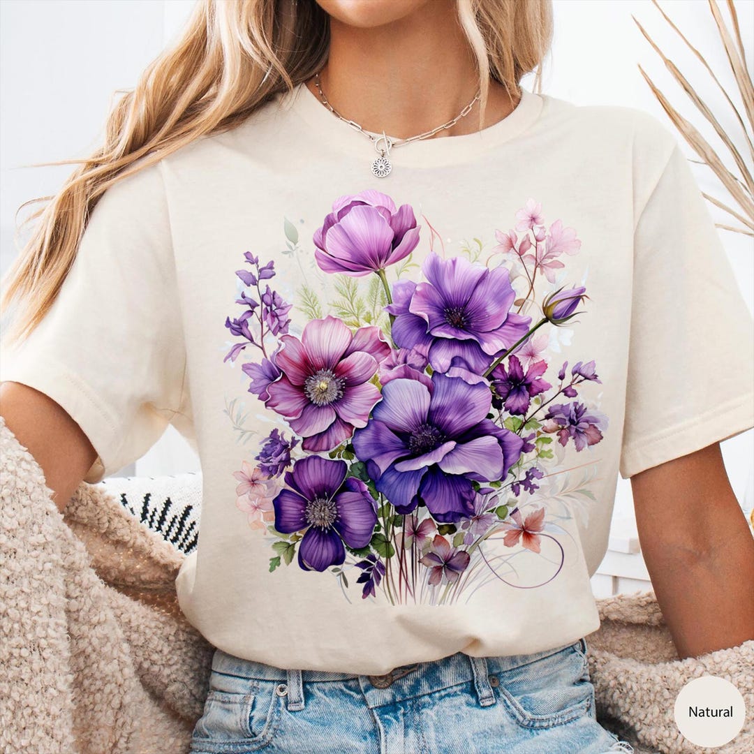 Vintage Pressed Flowers Shirt, Boho Cottagecore Tshirt Botanical Purple ...