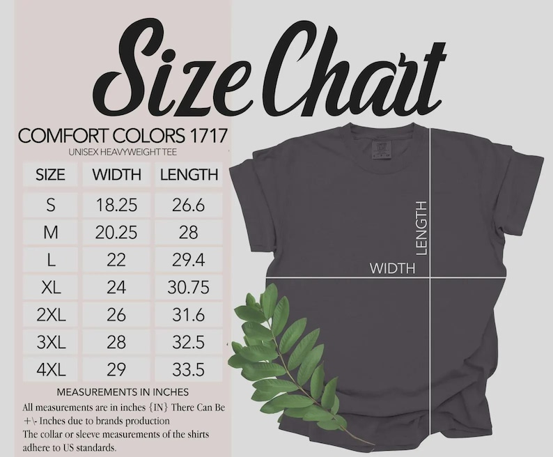 May include: A size chart for a Comfort Colors 1717 heavyweight t-shirt, displaying a table of measurements in inches for sizes S through 4XL. The graphic includes a dark grey t-shirt illustration with lines indicating width and length.