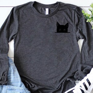 Black Cat Sweatshirt, Cat Shirt, Cute Kitty Tee, Kitten T-shirt, Gift for Cats Lover, Cat Mom Shirts, Cat Shirt Women, Cat Pocket Shirt, Cat image 4
