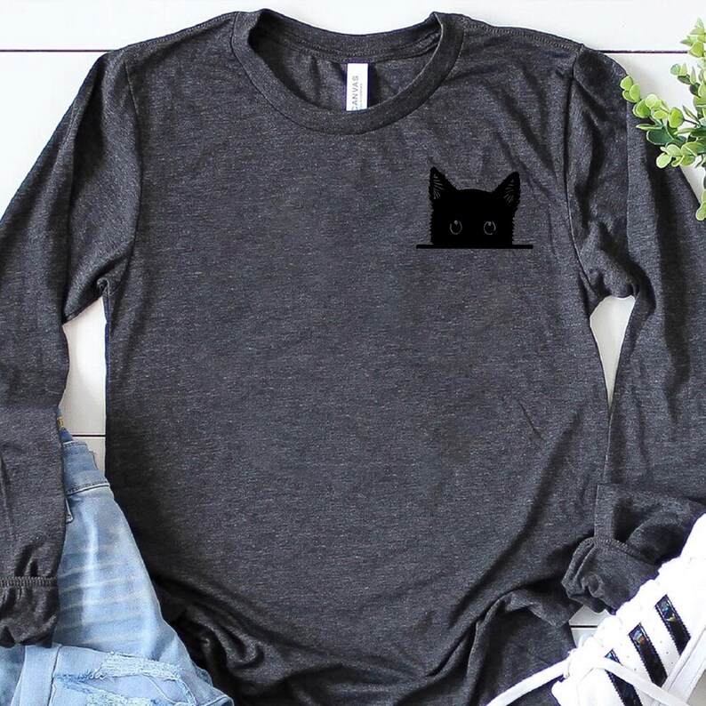 Black Cat Sweatshirt, Cat Shirt, Cute Kitty Tee, Kitten T-shirt, Gift for Cats Lover, Cat Mom Shirts, Cat Shirt Women, Cat Pocket Shirt, Cat image 4