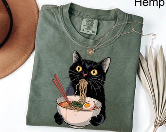 Comfort Colors® Noodle Cat Shirt, Ramen Cat Shirt, Foodie Lover Shirts, Black Cat Noodle T-Shirt, Retro Cat Tees, Cat Lover Sweatshirts,Cat