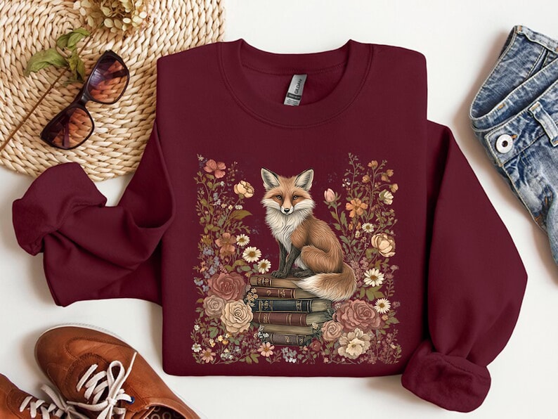 Fox and Book Sweatshirt, Cute Flower Fox Sweatshirt, Vintage Floral Cottagecore Shirt, Fairycore Tee, Forestcore Tshirt, Botanical Fox Shirt Bild 4