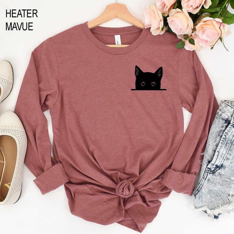 Black Cat Sweatshirt, Cat Shirt, Cute Kitty Tee, Kitten T-shirt, Gift for Cats Lover, Cat Mom Shirts, Cat Shirt Women, Cat Pocket Shirt, Cat image 2