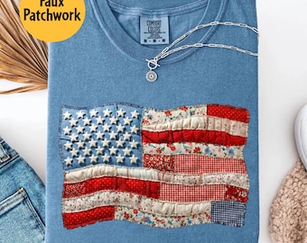 Comfort Colors® Faux Patchwork USA Shirt,4th of July Shirt, Retro American Flag Shirt, Patriotic Shirt, Fourth of July Shirt, USA Flag Shirt