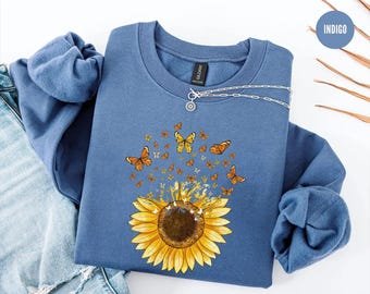 Sunflower Butterfly Sweatshirt, Butterfly Tee, Mothers Day Gift Shirt, Sunflower Shirt, Floral Tshirt, Flowers Gift T-shirt, Botanical Tee