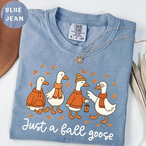 Puede incluir: Camiseta azul vaquero con un gr&aacute;fico de cuatro gansos de dibujos animados con atuendos de oto&ntilde;o. Los gansos llevan su&eacute;teres, bufandas y un gorro de color naranja. El texto "Just a fall goose" est&aacute; impreso en la parte inferior.