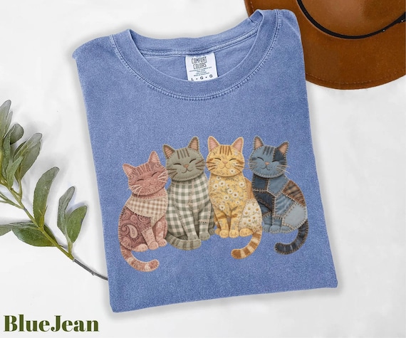 Comfort Colors® Faux Patchwork Cats Shirt, Cute Cat Graphic Tee, Vintage Quilt Style T Shirt, Cat Lover Gift, Cozy Animal Illustration Tee
