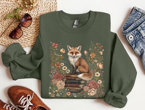 Fox and Book Sweatshirt, Cute Flower Fox Sweatshirt, Vintage Floral Cottagecore Shirt, Fairycore Tee, Forestcore Tshirt, Botanical Fox Shirt