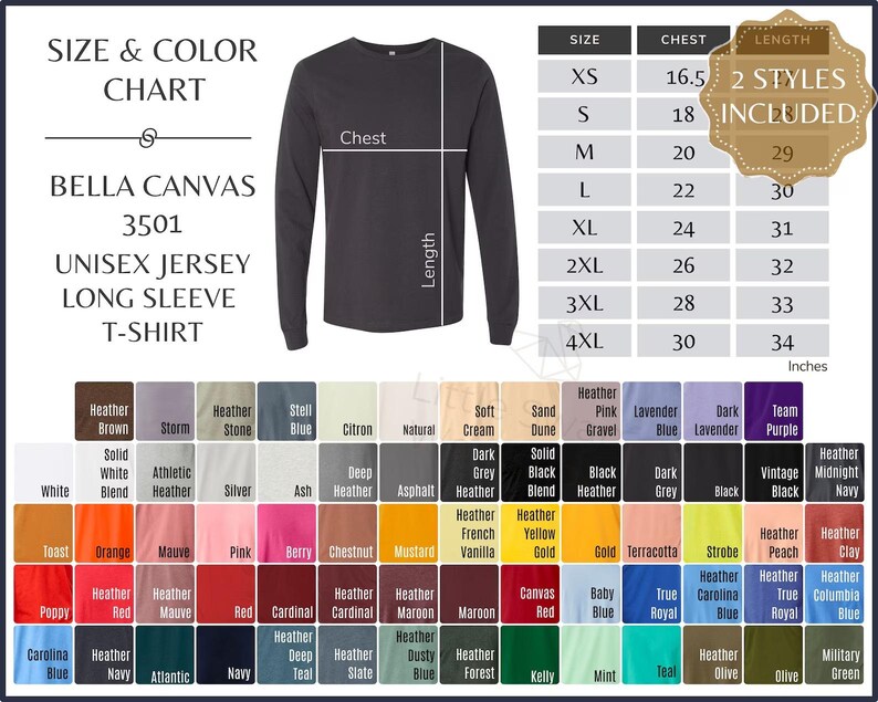 May include: A size and color chart for a Bella Canvas 3501 unisex jersey long sleeve t-shirt. The chart includes sizes XS to 4XL, chest measurements from 16.5 to 30 inches, and length measurements from 29 to 34 inches. A wide range of colors are displayed.