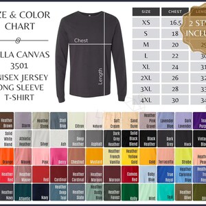 K&ouml;nnte beinhalten: Eine Gr&ouml;&szlig;en- und Farbtabelle f&uuml;r das Bella Canvas 3501 Langarm-T-Shirt. Das Bild zeigt ein dunkelgraues Langarm-T-Shirt, eine Gr&ouml;&szlig;entabelle mit Ma&szlig;en in Zoll f&uuml;r Brust und L&auml;nge sowie ein Raster mit zahlreichen verschiedenen Farbmustern.
