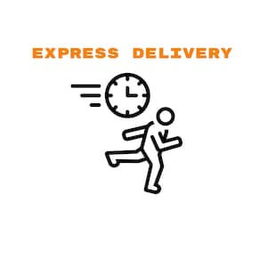 May include: Black and white line art illustration of a person running with a clock and three lines representing speed, with the text "EXPRESS DELIVERY" above.