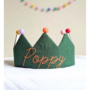 First birthday hat,Kids Crown, Baby&#39;s First Birthday Crown,Cake smash hat, Birthday party hat,Linen crown with name,