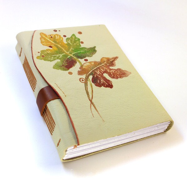 Cream Leather Journal - Fall Leaves Ephemera