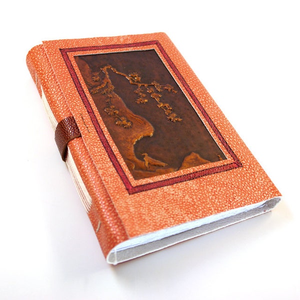 Journal - Orange Peach Leather Handbound Journal with Blank Paper - Japanese Stamp