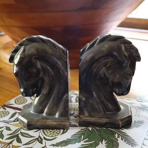 Vintage Shiny Bronze Glazed Ceramic Horse Head Bookends