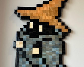 Handcrafted Final Fantasy Black Mage Wood & Epoxy Pixel Art – Retro Gamer Wall Décor