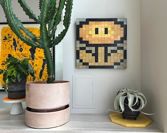 Handcrafted Wood and Epoxy 8-bit Pixel Art Fire Flower, Super Mario Bros Retro Wall Decor, Gamer Wall Art