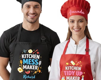 Custom Funny Matching Aprons for Men Women, Personalized Kitchen Apron for Husband Wife, Customized Girlfriend Boyfriend Apron