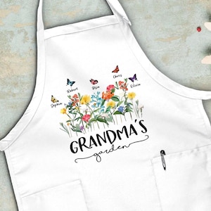 Custom Grandma&#39;s Garden Apron, Mothers Day Gift for Mom, Gift for Grandmother, Grandma&#39;s Birthday Gift, Spring Flowers Butterfly Apron