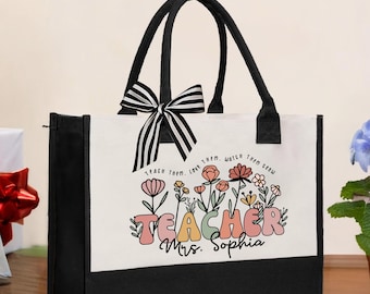 Personalized Floral Teacher Tote Bag, Custom Cotton Canvas Gift